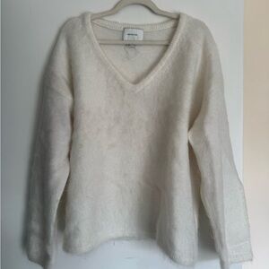 H & M edition white oversized v neck sweater fuzzy